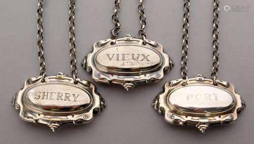 A SET OF THREE PLATED DECANTER LABELS, Port, Sherry and Vieux.