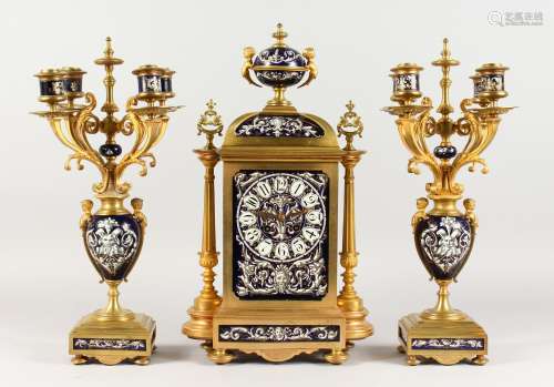 A 19TH CENTURY FRENCH ORMOLU AND PORCELAIN CLOCK GARNITURE, the clock with orb finial, porcelain and