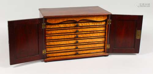 A VERY UNUSUAL 19TH CENTURY MAHOGANY COLLECTORS CABINET, with arcaded double panel doors, ivory