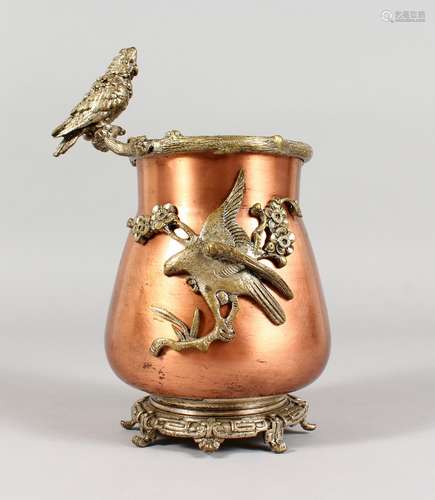 A COPPER VASE, with cast metal mounts, modelled as birds. 8ins high.