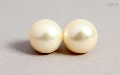 A LARGE PAIR OF GOLD MOUNTED PEARL STUDS.