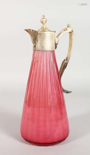 A RUBY TAPERING CLARET JUG, with plated lid and handle.