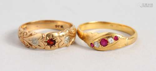 TWO VICTORIAN 18CT AND 9CT GOLD, RUBY AND DIAMOND RINGS.