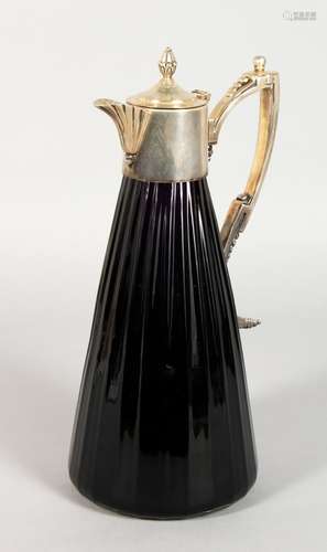 A PURPLE TAPERING CLARET JUG, with plated lid and handle.