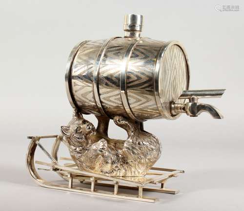 A GOOD PLATED WHISKY KEG, held by a bear on a sledge. 8ins long.