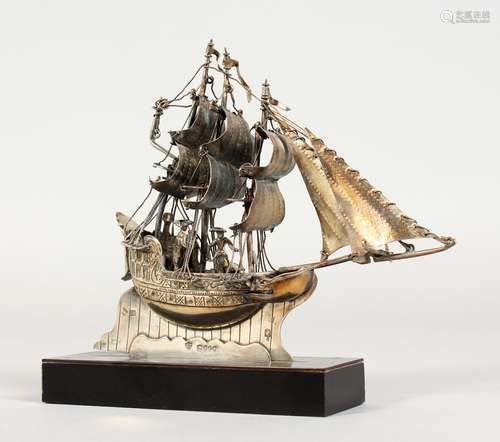 A CONTINENTAL SILVER MODEL OF A THREE MASTED SAILING SHIP, the stand marked with continental and