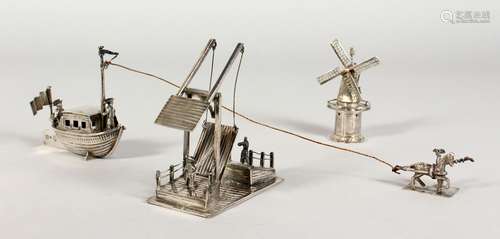 THREE DUTCH SILVER MINIATURE MODELS, a windmill, a drawbridge and a horse drawn barge. Various