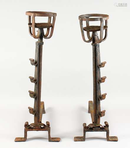 A GOOD PAIR OF WROUGHT IRON FIRE DOGS, with torchere tops and spit hooks. 28ins high.