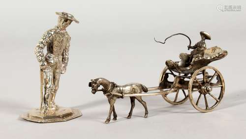 TWO DUTCH SILVER MINIATURE MODELS, a standing male figure and a horse and cart. Various Sizes.