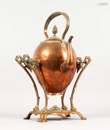 A 19TH CENTURY COPPER KETTLE/SAMOVAR ON STAND. 17ins high.