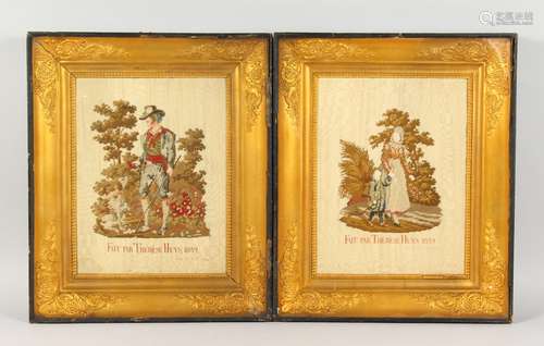 A PAIR OF 19TH CENTURY GILT FRAMED AND GLAZED TAPESTRY PORTRAITS. 18.5ins high x 15.5ins wide.