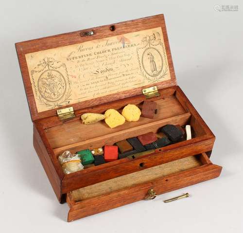 A 19TH CENTURY MAHOGANY ARTISTS BOX, with hinged lid and a small drawer, the lid with makers label