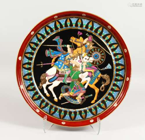 A SUPERB LARGE PORCELAIN CIRCULAR CHARGER, with a Russian scene of warriors on horseback. 18.5ins