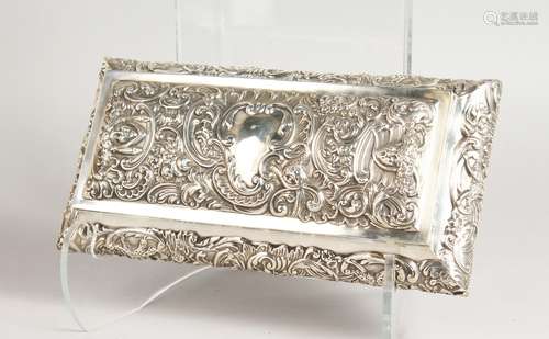 A GOOD RECTANGULAR SILVER BOX, embossed with theatrical masks and flowers. London 1897. Maker: