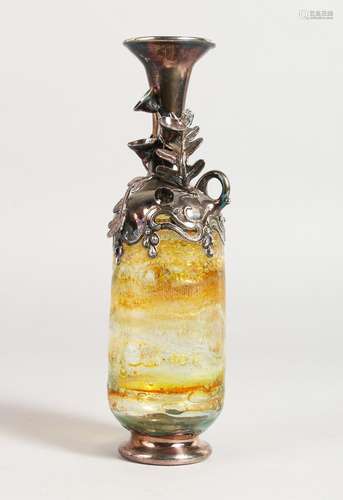 AN UNUSUAL SILVER MOUNTED ROMAN STYLE GLASS BOTTLE. 8ins high.