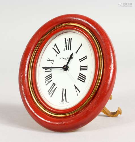 A CARTIER OF PARIS EASEL CLOCK, 3.5ins high, in a red Cartier case.