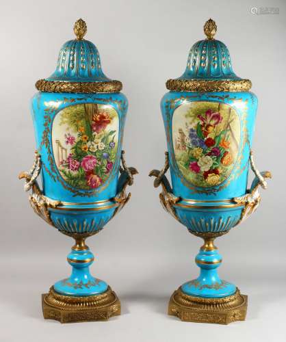 IN THE STYLE OF SEVRES - A LARGE PAIR OF PORCELAIN VASES WITH ORMOLU MOUNTS, 20th century, the