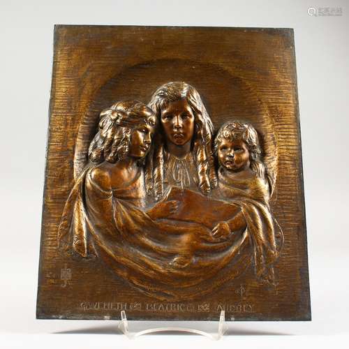 AN EARLY 20TH CENTURY CAST BRONZE PLAQUE, depicting three sisters, GWENETH, BEATRICE and AUDREY,