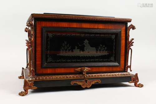 A GOOD 19TH CENTURY KINGWOOD METAL MOUNTED CIGAR HUMIDOR, with lift up glass front enclosing two