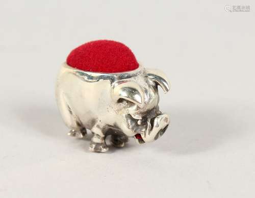 A TINY NOVELTY SILVER PIG PIN CUSHION.