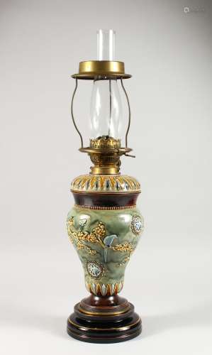 A GOOD DOULTON STONEWARE LAMP with funnel. 16ins high by EMILY WELCH.