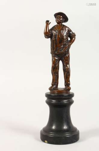 ALFRED MORET (1853-1913) GERMAN A SMALL BRONZE OF A MAN. Signed, on a plinth. 7.5ins high.