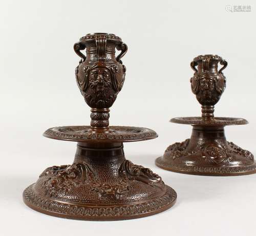 A GOOD PAIR OF ORNATE RENAISSANCE STYLE BRONZE CANDLESTICKS. 6ins high.