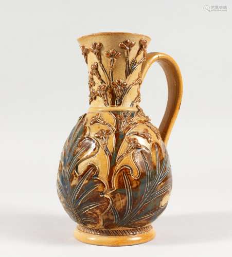 A DOULTON STONEWARE JUG by FRANK BUTLER, with leaves in relief. Maker F.A.B. 7.5ins high (AF).