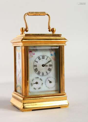 A MINIATURE MULTI DIAL CARRIAGE CLOCK, with Sevres panels. 3ins.