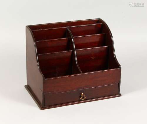 A 19TH CENTURY MAHOGANY DESK STAND, with small drawers and open compartments. 12ins wide x 9ins high