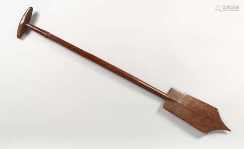 A POLYNESIAN HARDWOOD PADDLE, possibly Samoan, with spear point blade and 