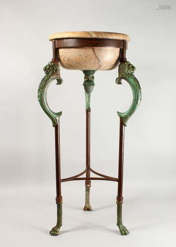 AN IMPRESSIVE BRONZE AND MARBLE BASIN ON STAND, the circular marble bowl with pineapple finial,