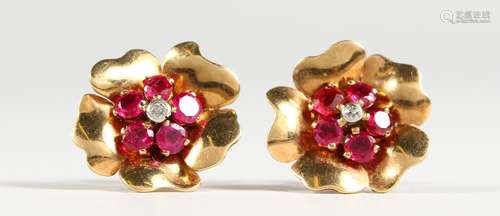 A PAIR OF MEGAN PROMIS BREVETTE GOLD, DIAMOND AND RUBY EARRINGS, in a BOUCHERON FITTED CASE.