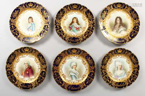 A SUPERB SET OF SIX SEVRES CHATEAU OF VERSAILLES PLATES, with rich dark blue and gold leaf bodies,