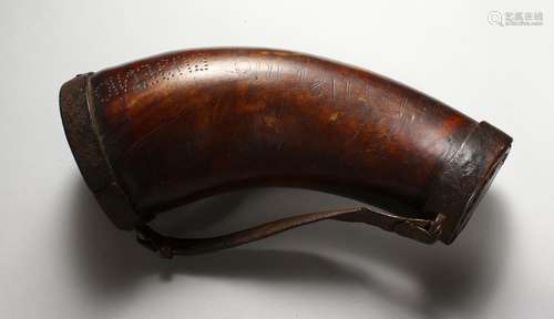 AN EARLY IRON BOUND HORN DRINKING VESSEL, possibly 18th century, with engraved inscription. 12ins