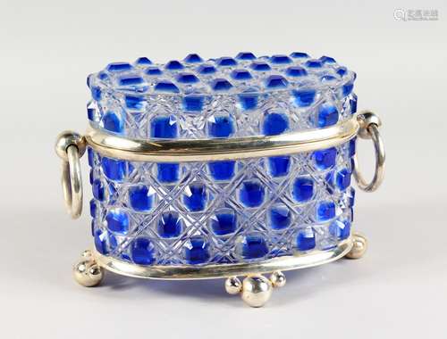 A VERY GOOD BOHEMIAN BLUE TINTED OVAL BISCUIT BARREL AND COVER, with plated mounts and ring