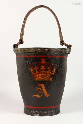 AN EARLY LEATHER BUCKET, painted with a crown and the letter A. 12ins high.