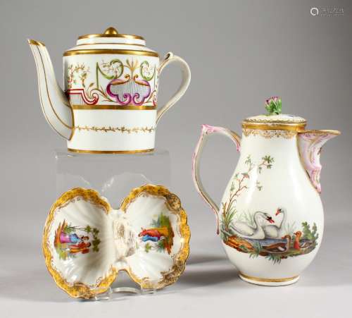 A CONTINENTAL PORCELAIN SMALL JUG, painted with various birds; together with a small porcelain