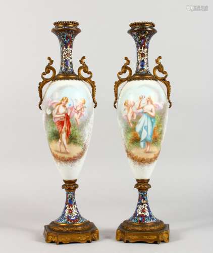 A PAIR OF FRENCH PORCELAIN AND CHAMPLEVE ENAMEL TWO-HANDLED VASES AND COVERS, with a large panel