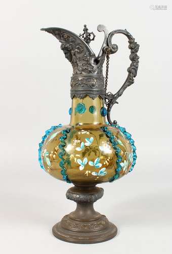 A WMF NEO CLASSICAL STYLE CLARET JUG, with ornate metal mounts and floral painted amber coloured