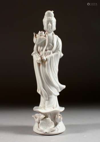 A CHINESE BLANC-DE-CHINE FIGURE OF GUANYIN. 8ins high.