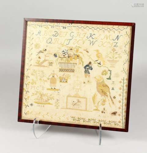 A 19TH CENTURY PICTORIAL ALPHABET SAMPLER, dated 1834, framed and glazed. 14.5ins x 13.5ins.