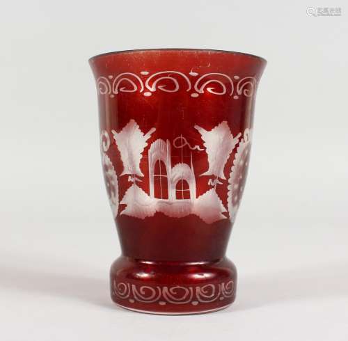 A RUBY GLASS ETCHED BEAKER. 5ins high.