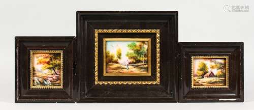 THREE SMALL LIMOGES STYLE ENAMEL PANELS, each depicting rural scenes, framed. 7.75ins wide and