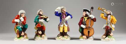 A SET OF FIVE DRESDEN PORCELAIN MONKEY BAND FIGURES, including The Conductor. 5.5ins high.