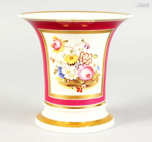 A ROCKINGHAM PINK GROUND SPILL VASE, painted with a panel of flowers. Griffin mark in red. 6ins