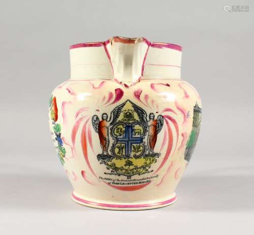 A SUNDERLAND LUSTRE JUG, with THE ARMS OF FREEMASONS and NEW BRIDGE OVER THE WEAR AT SUNDERLAND.