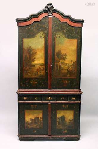 A GOOD 18TH CENTURY CONTINENTAL PAINTED PINE CORNER CUPBOARD, with a shaped and carved cornice,