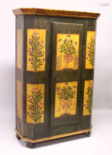 AN 18TH/19TH CENTURY AUSTRIAN PAINTED PINE CUPBOARD, with a single door, canted sides, all painted