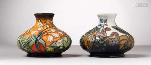 TWO BULBOUS MOORCROFT POTTERY VASES. 2000. No. 82/500. 5ins diameter x 4.5ins high.